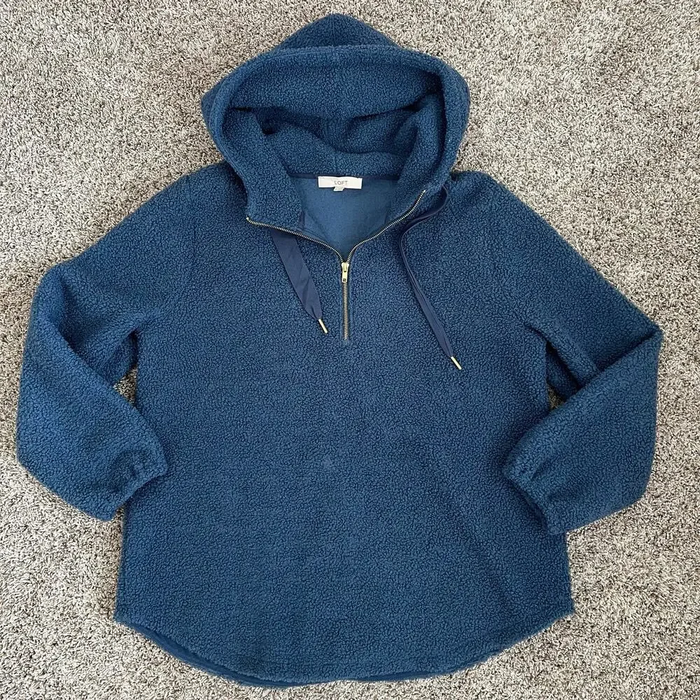 Loft Sherpa Quarter zip Hoodie Jacket Women's size XL Navy & Gold - Picture 5 of 7